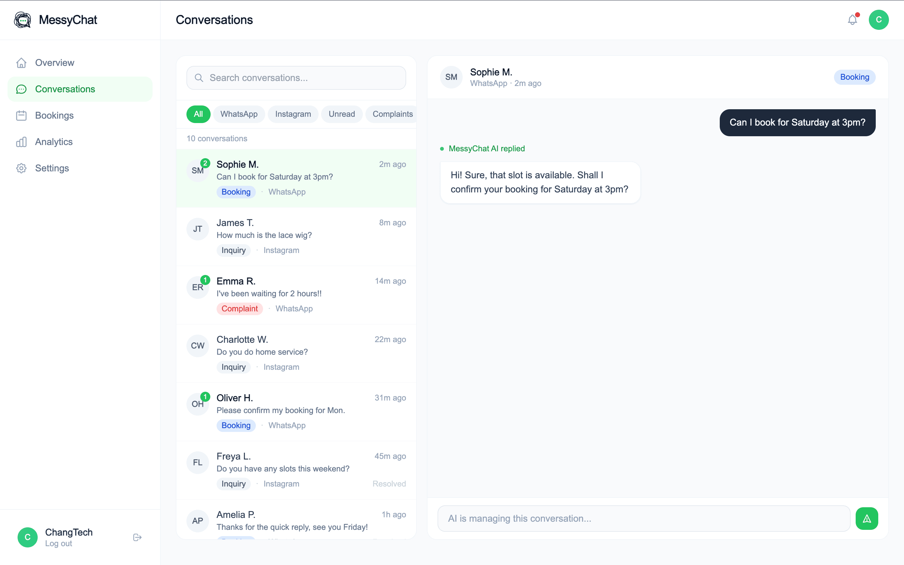 MessyChat conversations dashboard